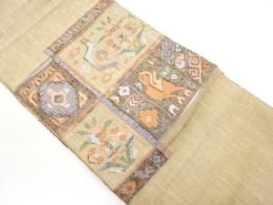 手織り紬変わり色紙に抽象花鳥模様刺繍名古屋帯
